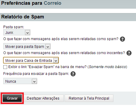 As configurações da próxima tela deverão ser efetuadas conforme o exemplo a seguir: OBS: Caso o usuário prefira que o Horde faça limpeza automática da pasta de SPAMs, alterar a última opção para o