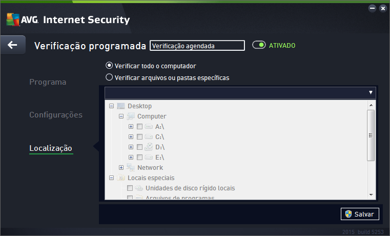 11.4.3. Localização Na guia Localização, você pode definir se deseja programar a verificação de todo o computador ou a verificação de arquivos e pastas.