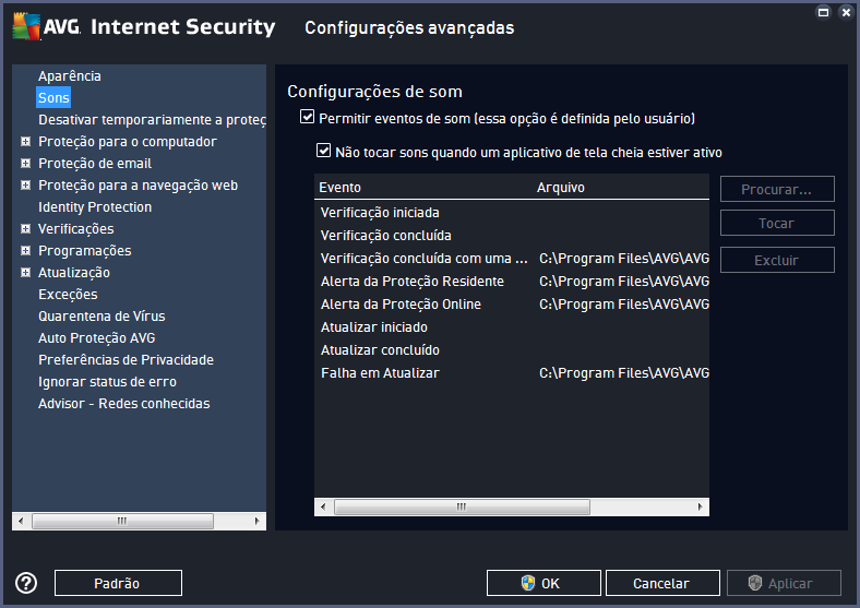 9.2. Sons Na caixa de diálogo Configurações de som, é possível especificar se deseja receber informações sobre ações especificas do AVG Internet Security 2015 por meio de uma notificação sonora: As