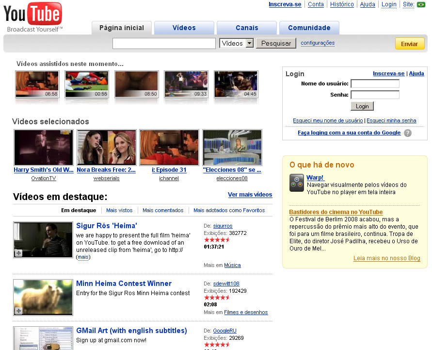Multimídia: vídeo e áudio no computador O YouTube é um site na internet que permite que seus usuários carreguem, assistam e compartilhem vídeos em formato digital.
