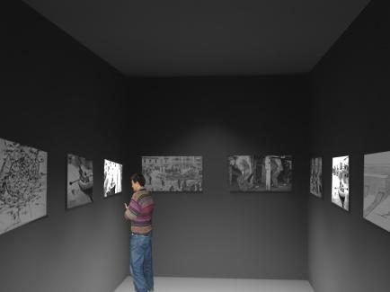 (Render) Sala expositiva 02 Tema A construção dos Navigli Conceito Exposição