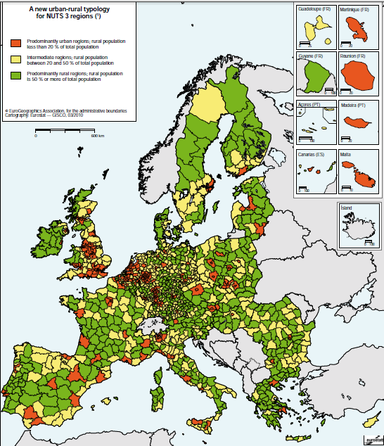 A nova tipologia rural-urbano para as regiões NUTS 3 Regiões predominantemente urbanas Regiões intermédias Regiões predominantemente rurais Figura 16 Mapa da Europa com a tipologia rural-urbano