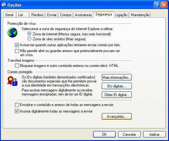 Active a opção Adicionar os certificados de remetentes ao livro de endereços / Add senders certificates to my address book Seleccione a opção Apenas quando estiver online / Only when online Clique no