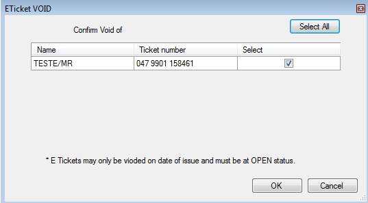 VOID de bilhete Ticket Manager VOID Só é possível fazer o VOID de um bilhete no próprio dia da emissão.