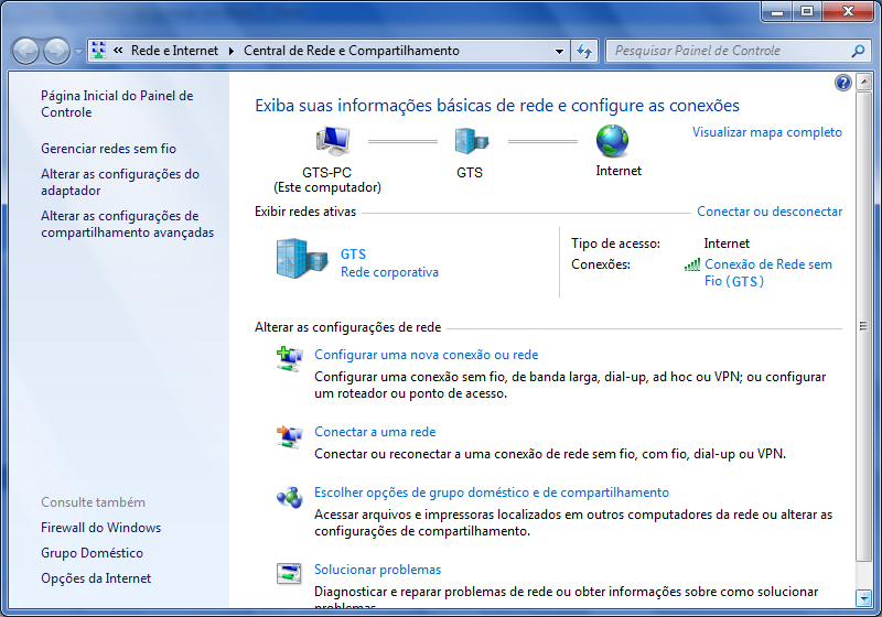 Passo 12: A janela ao lado será exibida: Observe também que agora o ícone de conexão de rede sem fio em nosso caso GTS aparece entre o GTS-PC e a Internet, isto significa que já está conectada a rede