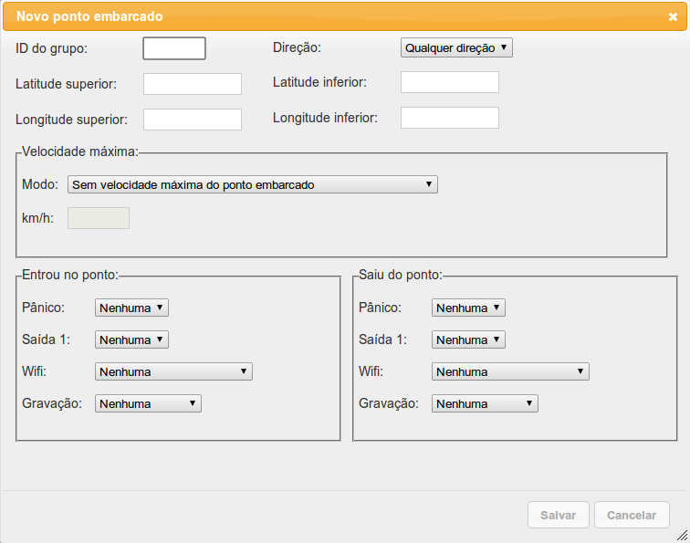 Permite que um ou mais pontos embarcados sejam cadastrados no sistema. Abaixo estão listadas as opções de configuração de cada ponto embarcado.