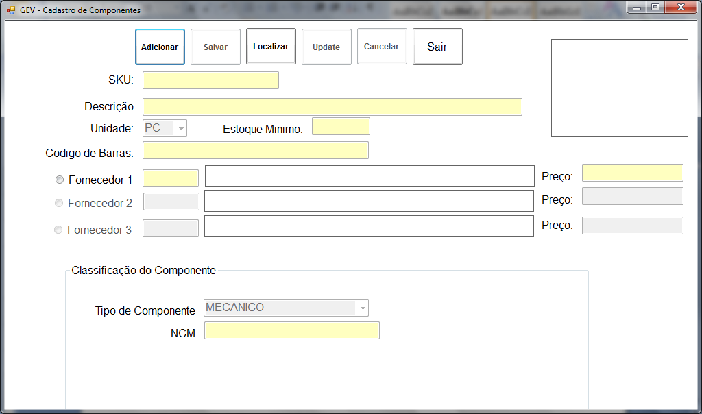 4.2 CADASTRO DE COMPONENTES Figura 19 - Cadastro de Componentes Funcionalidade: Nesse form é realizado o cadastro de componentes. Imports MySql.Data.