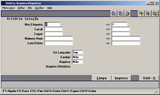 166 MANUAL DE TREINAMENTO DO MFG/PRO CONTROLE DE ESTOQUE 3.16.23 Deleta/arquiva etiquetas eb-ic-pr-480 Deleta/arquiva etiquetas Menu número 3.16.23 Antes de criar novas etiquetas para o inventário físico, retire as etiquetas do último.
