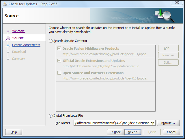 Figura 13 Instalação do Oracle SOA Suite 11g 3.4.2.5. Instalar extensão no JDeveloper 11g O JDeveloper necessita da instalação de uma extensão para que possamos criar os fluxos BPEL.