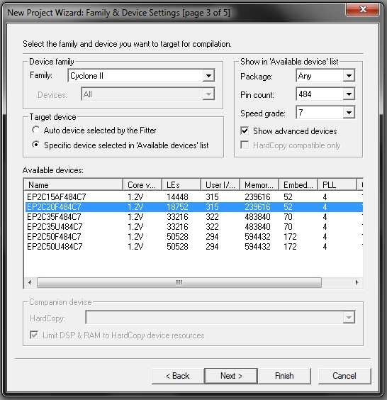 entidade raíz; (c) inserção de arquivos desenvolvidos em projetos anteriores; (d) escolha do dispositivo FPGA onde o projeto será programado; (e) escolha de