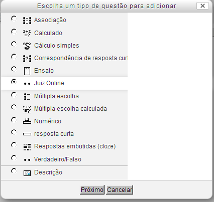 48 Figura 8. Tela de escolha do tipo de questão Juiz Online. A Figura 8 mostra a tela para a criação da questão, após a seleção do tipo de questão.