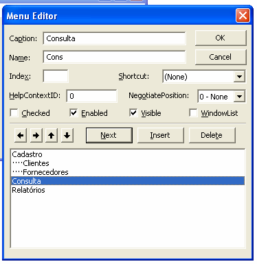 O botão Delete deleta o item de menu selecionado Avança em um nível o item selecionado, transformando-o assim em um submenu. Recua em um nível o item selecionado.