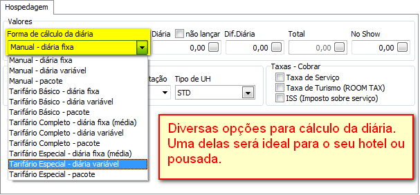 Veja: A aba hospedagem passa a ter a configuração abaixo, com destaque para o campo Forma de cálculo da diária que segue a combinação de diária fixa, diária variável e pacote versus as quatro