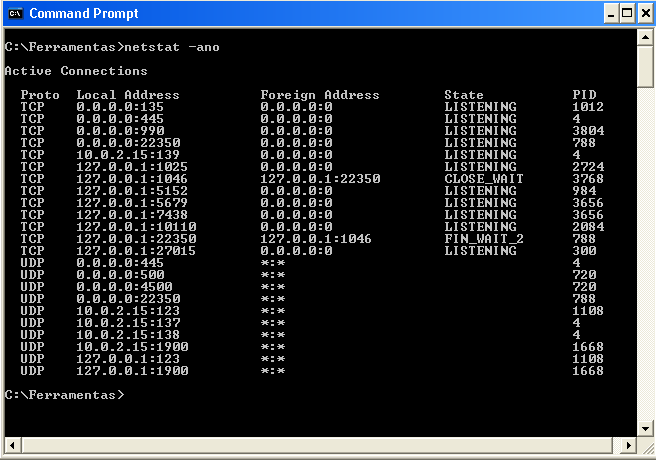 Figura 6.11. Exemplo do comando netstat ListDLLs v3.0 Este utilitário relaciona as DLLs carregadas no sistema.