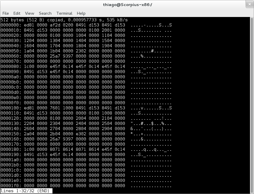 Figura 5.3: Ferramenta dd do linux mostra os bytes do i-node antes da exclusão de um arquivo no EXT3.