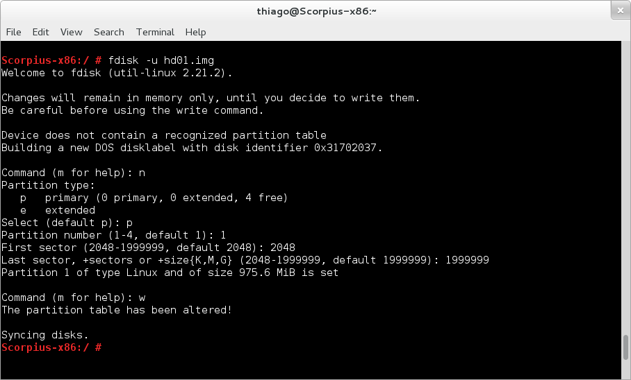 Posteriormente, criamos uma partição em cada uma delas usando o comando fdisk que aparece na imagem 5.9. Figura 5.9: Criando partições com o fdisk.