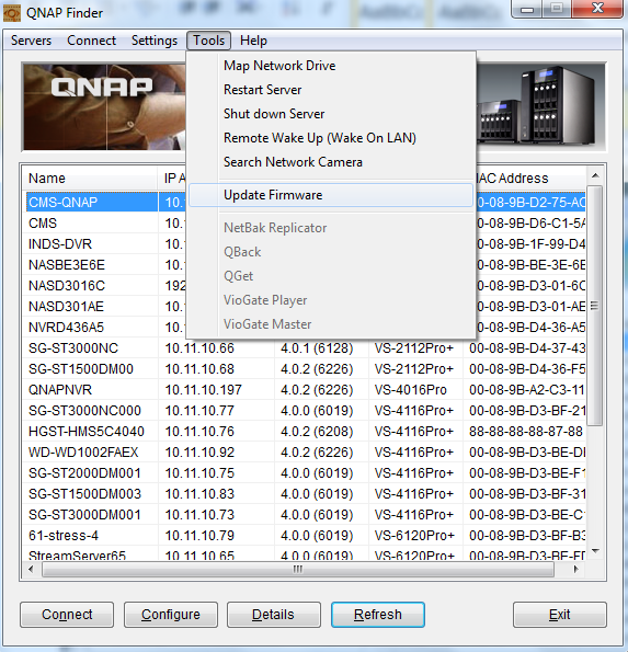 5.6.2 Atualizar Firmware pelo QNAP Finder O firmware do CMS Server pode ser atualizado pelo QNAP Finder.