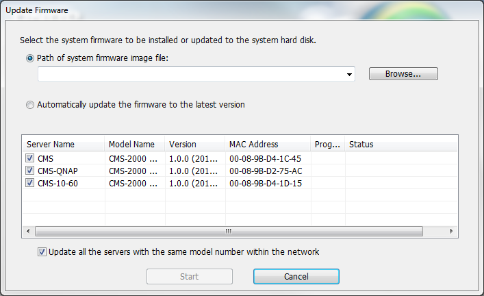 Faça login no CMS Server como administrador. Procure e selecione o firmware para o CMS Server. Clique em "Start" (Iniciar) para atualizar o sistema.