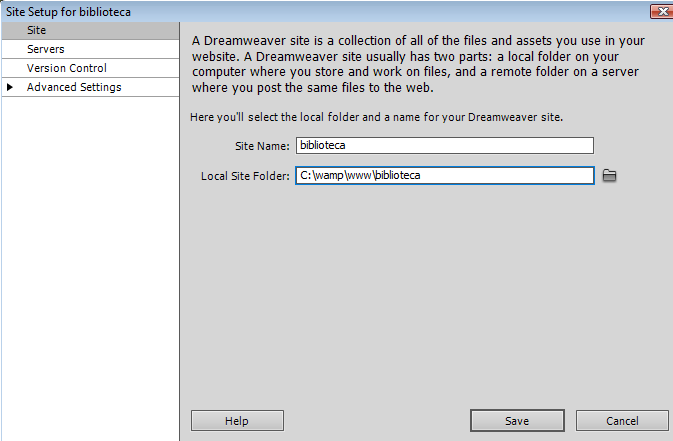 O processo de definição de um site no Dreamweaver para uma aplicação Web é constituído por três etapas: 1) Selecção de uma pasta no disco rígido como a pasta local que o Dreamweaver usará para