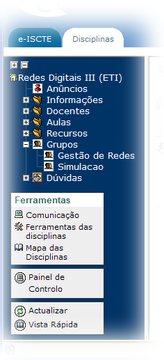 No menu lateral são ainda mostradas as opções Actualizar de forma a ser possível visualizar as actualizações efectuadas ao menu da disciplina e Vista Detalhes.