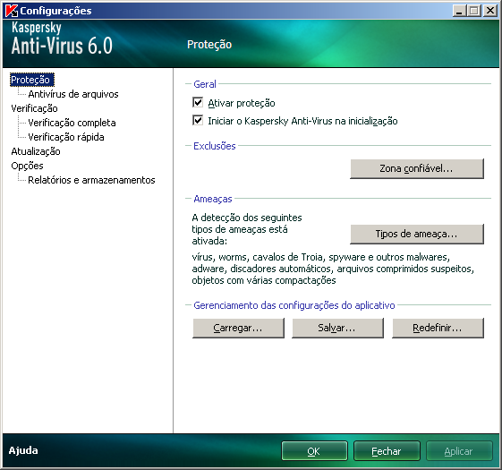 CONFIGURAÇÃO DAS CONFIGURAÇÕES DO APLICATIVO A janela das configurações do aplicativo é usada para acesso rápido às configurações principais do Kaspersky Anti- Virus 6.0. Figura 9.