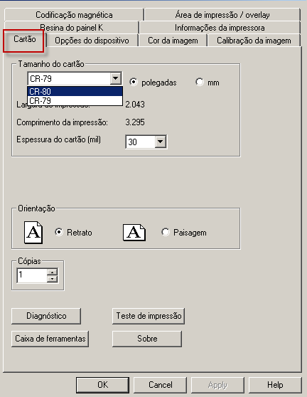 Selecionando o tamanho do cartão para CR79 e CR80 Etapa Procedimento 4 Em Driver Printing Preferences (Preferencias de impressão do driver),