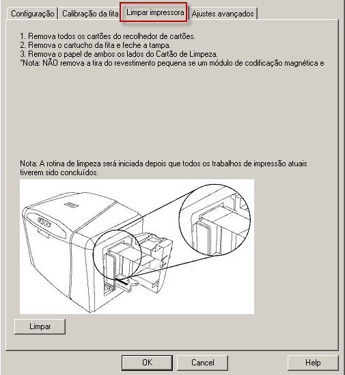 Utilizando a guia Clean Printer (Limpar impressora) O botão da guia Clean Printer (Limpar impressora) é descrito abaixo. Botão Clean (Limpar): Inicia a rotina de limpeza.