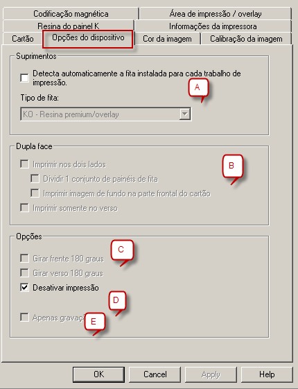 Utilizando a guia Device Options (Opções do dispositivo) Clique na guia Device Options (Opções do dispositivo) para abrir a