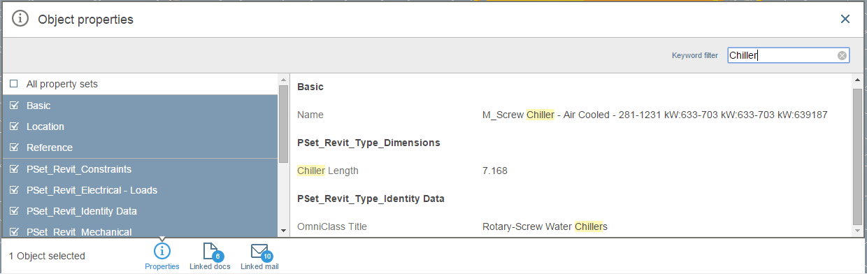 Encontrar propriedades de objetos mais fácilmente no BIM Integrado Salientámos a pesquisa de plavras-chave no painel de propriedades do Objeto BIM.