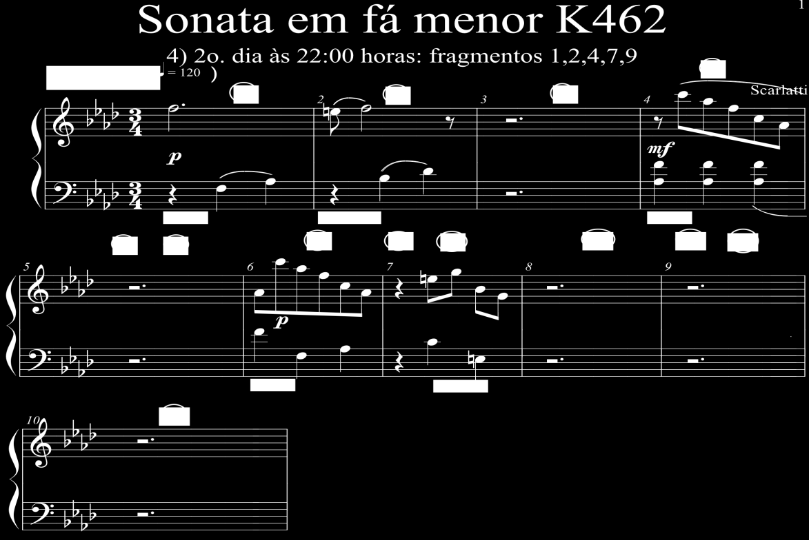 Figura 4: Partitura da introdução da sonata para cravo K 462 de Scarlatti com os fragmentos 1, 2, 4, 5 e 7 para às 14:00 de um dia hipotético.