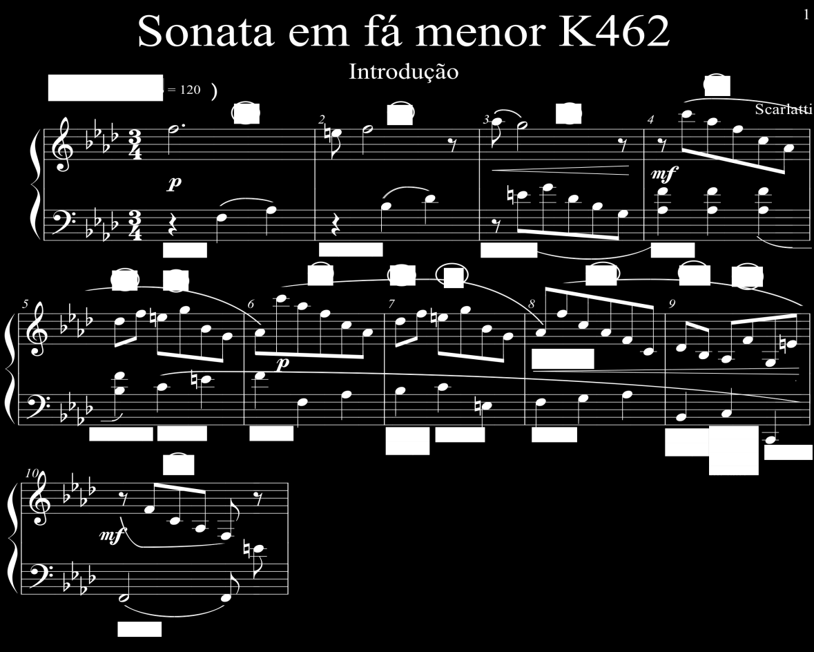 Figura 6: Partitura da introdução da sonata para cravo K 462 de Scarlatti com os 12 fragmentos dos grupos (A, B, C) e mais o fragmento independente (12 ).