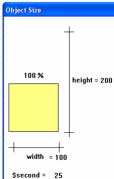 2-Value at Mín Height =0 Mín % Height = 10 Quando $second=0, o retangulo deve estar com 10 % do seu tamanho. - Runtime: Dimensões do objeto p/ $ second =0. Dimensões do objeto p/ $ second =25.