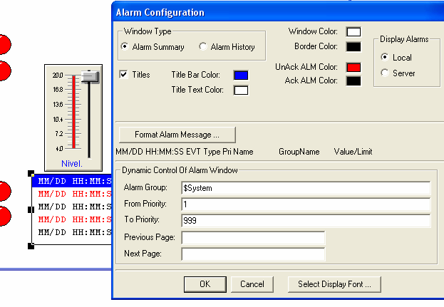 Standart Alarm Display É um visualizador, configurável, de todas as ocorrências os alarmes; disponível na biblioteca do wizard.