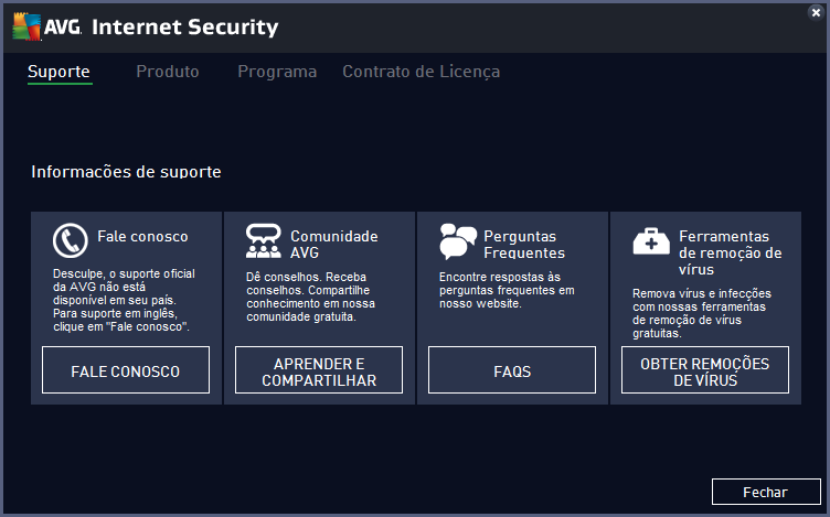 3.3.1.3. Suporte Abre um novo diálogo estruturado em quatro guias onde é possível encontrar todas as informações relevantes sobre o AVG Internet Security 2015: Suporte a guia fornece um resumo claro