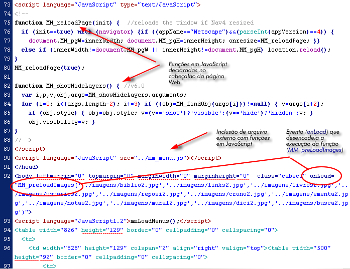 Figura 6: Figura mostrando a declaração de funções em JavaScript, a inclusão de uma fonte externa de funções e o evento que desencadeia uma das funções.