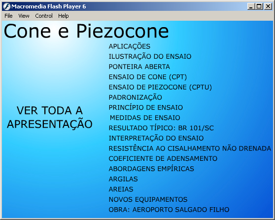 Figura 8: Tela de início da apresentação audiovisual sobre Cone e Piezocone. As lâminas são apresentadas de forma integrada a um arquivo sonoro (.mp3) de forma sincronizada.