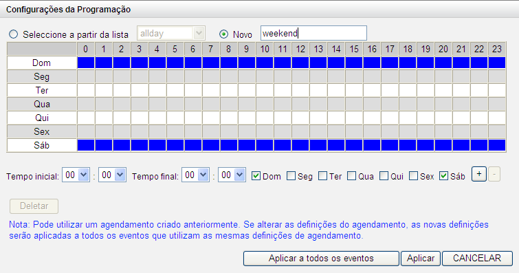 Event schedule settings (Definiçõ es de agendamento de eventos): Ao editar um evento (excluindo a desconexão da câmara, eventos do NVR e eventos externos), pode clicar em Set Schedule (Definir