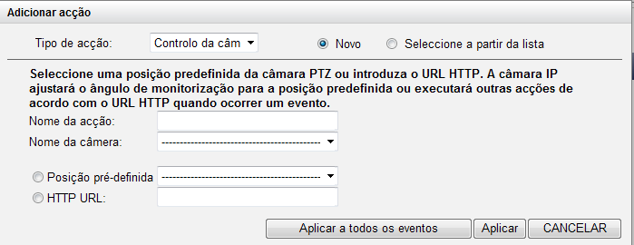 (2) Camera control (Controlo da câ mara) Esta opção permite-lhe configurar a câmara PTZ para ajustá-la à posição pré-definida para monitorizar ou agir de acordo com o URL HTTP introduzido quando um