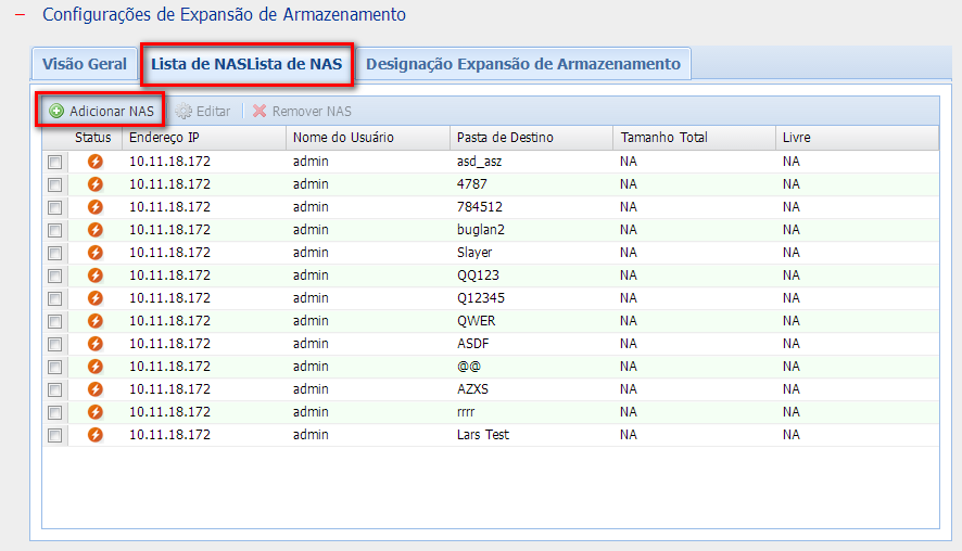 2. Clique em "Lista de NAS" e, em seguida, o botão "Adicionar NAS". Por favor, digite o IP, porta, nome de usuário, senha, destino, volume e contagem de cache no NAS.