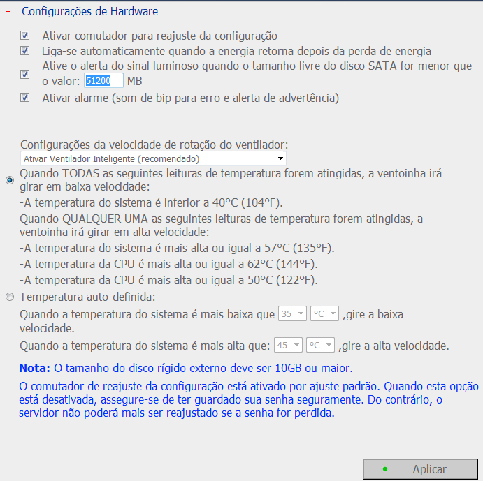 6.7.4 Configuraçõ es do Hardware Pode activar ou desactivar as funções do hardware do servidor.