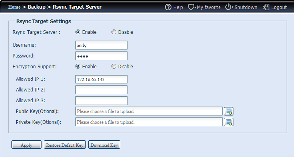 -Vá a Rsync Target Server (Servidor de destino Rsync) em Backup (Cópia de segurança) no menu da interface de utilizador 1. Active o Rsync Target Server (Servidor de destino Rsync) 2.