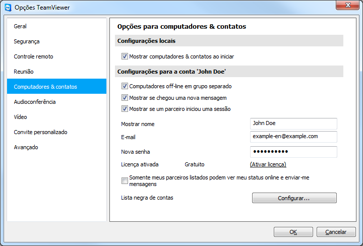 Opções 7.5 Categoria computadores & contatos Aqui, você pode gerenciar sua conta do TeamViewer e defina as configurações adicionais para computadores & contatos.