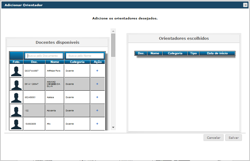 148 Fluxo Alternativo: A1 1. Ator clica no botão 'Adicionar Orientação' (fig. UC55). 2. Abre a janela com a lista de docentes disponíveis para orientação (fig. UC56). 3.