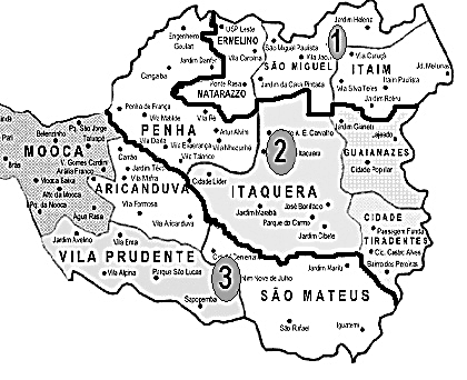Figura 5 Zona leste e as três áreas em que foi dividida para realização da Pesquisa CDHS/MSZL, São Paulo, 2006. Fonte: Extraído de CDHS Centro de Direitos Humanos do Sapopemba Pablo Gonzáles Ollalla.