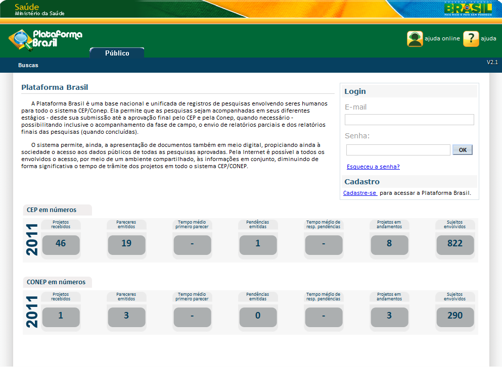 Plataforma Brasil Submissão de pesquisa 1 - Acessar a URL - http://189.28.128.37/plataformabrasil-treina 4 3 2 - Usuário novo?