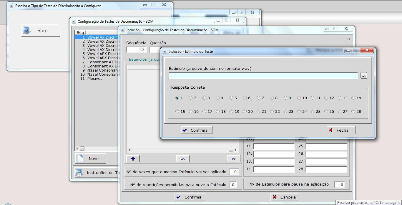 Fig. 25: Telas de Configuração de Testes de Discriminação com Estímulos Sonoros 1.6. Alteração de Senha: permite alterar a senha de acesso ao aplicativo.