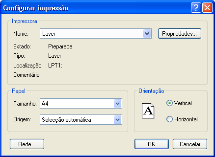 'Impressora': Seleccione a impressora utilizando o botão de lista pendente. 'Papel': Seleccione o tamanho e a origem do papel utilizando a lista pendente nos campos 'Tamanho' e 'Origem'.