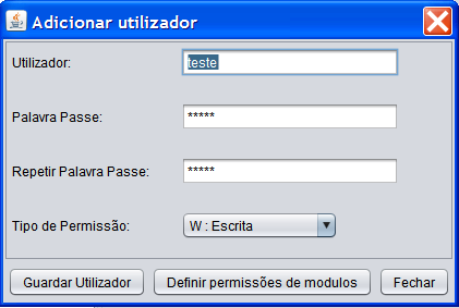 Imagem 17: Formulário de edição de utilizadores A edição de utilizadores pode ser utilizada para alterar a palavra passe, alterar o tipo de permissão geral do utilizador ou para definir a permissão