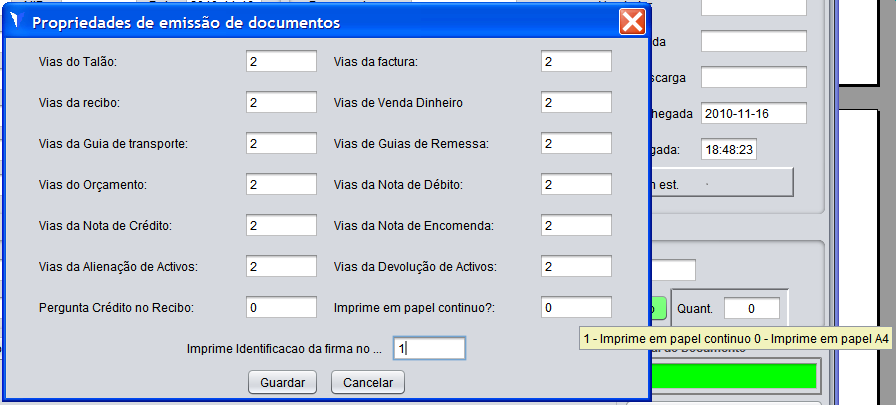 Imagem 42: Formulário de propriedades de emissão de documentos Barra de menu dos módulos A área indicada a verde na Imagem 11: Si