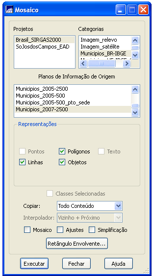 Figura 7 Caixa Mosaico 8. No campo Projeto, clicar sobre Brasil_SIRGAS2000, em Categorias clicar sobre Municípios_BR-IBGE e em Plano de Informação de Origem, clicar sobre Municípios_2007-2500.